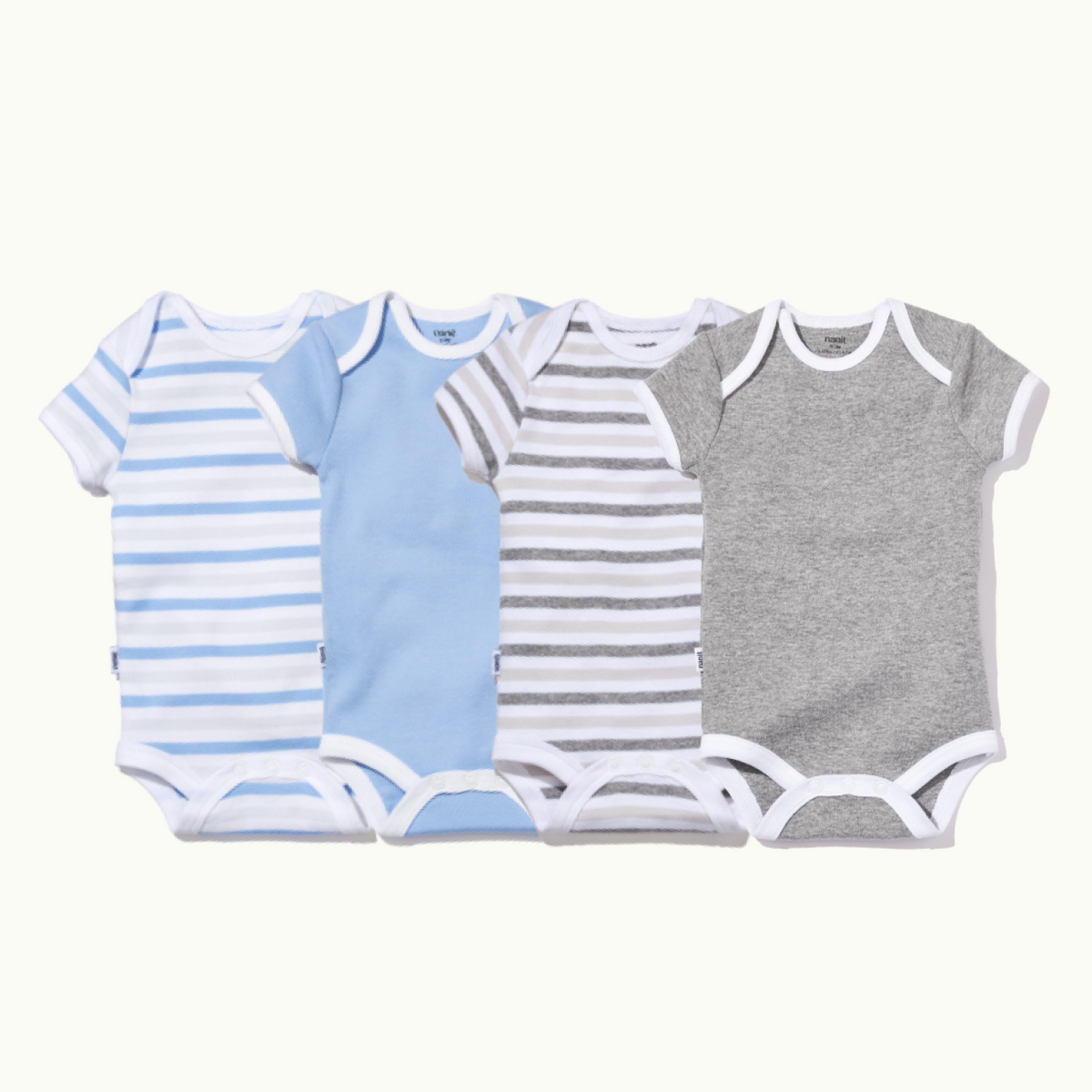 four short sleeve bodysuit showing in cornflower blue stripe, cornflower blue, heather gray stripe, heather gray #color_blue