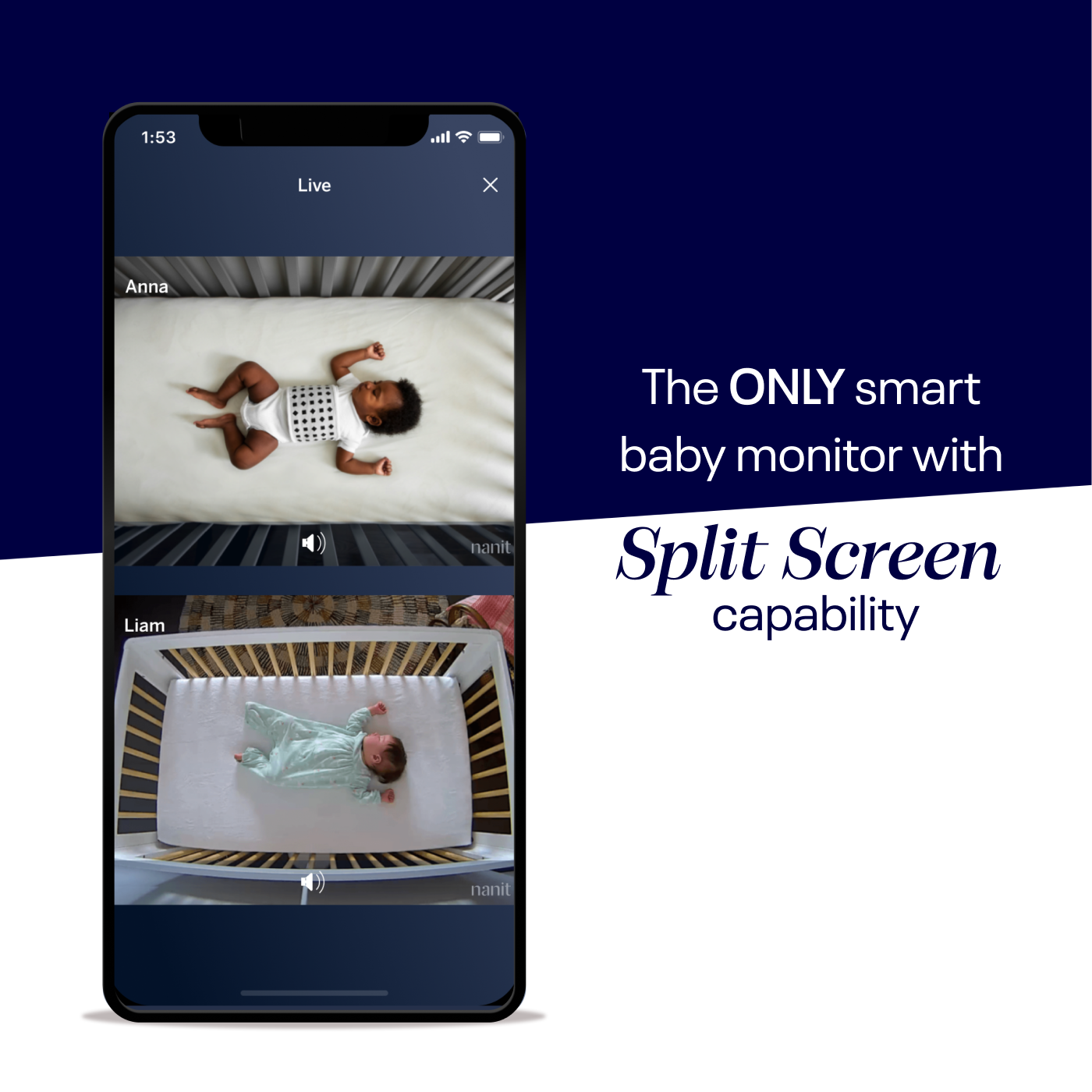 nanit app showing the split screen view - the only smart baby monitor with split screen capability