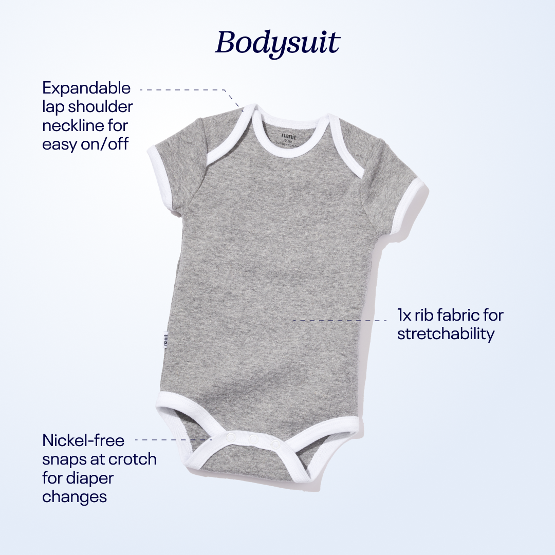 bodysuit has expandable lap shoulder neckline, nickel-free snaps at crotch, and 1x rib fabric for stretchability